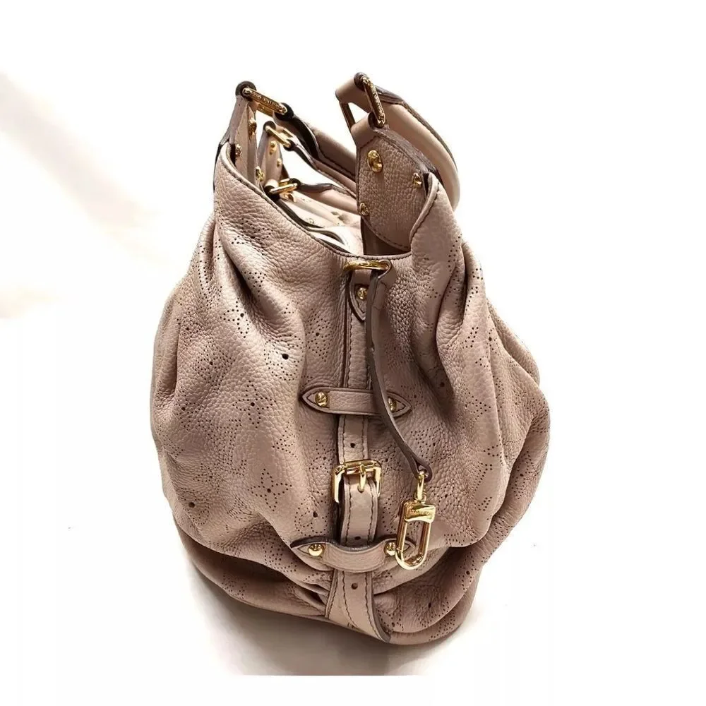 Auth Louis Vuitton Neutrals Monogram Mahina L Hobo M93123 LV Handbag Beige Purse